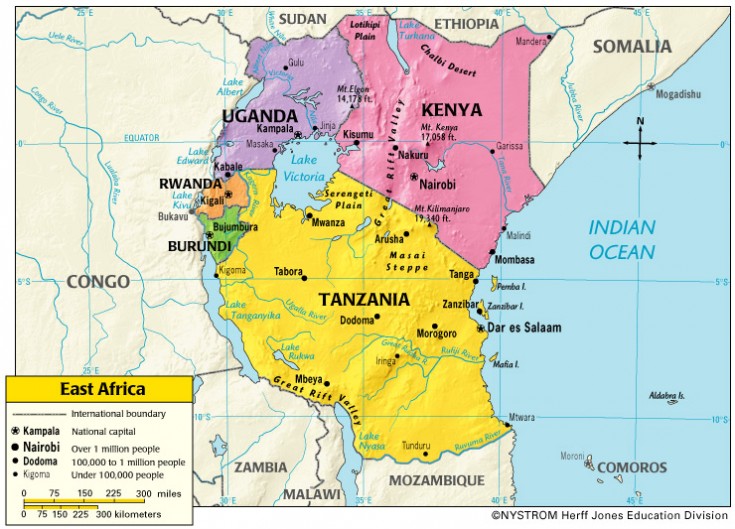 Mapa político de los países que integran la región de África del Este.
