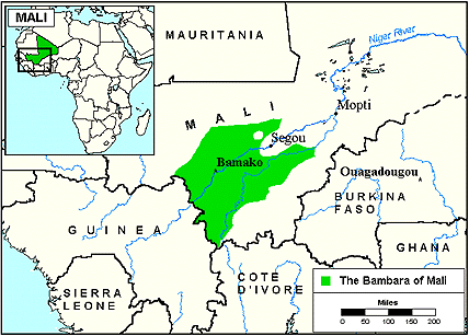 Mapa de la localización de los Bambara en Mali. Fuente: Bethany World Prayer Center © 1999