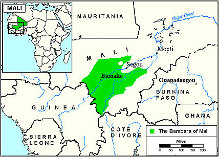 Mapa de la localización de los Bambara en Mali. Fuente: Bethany World Prayer Center © 1999