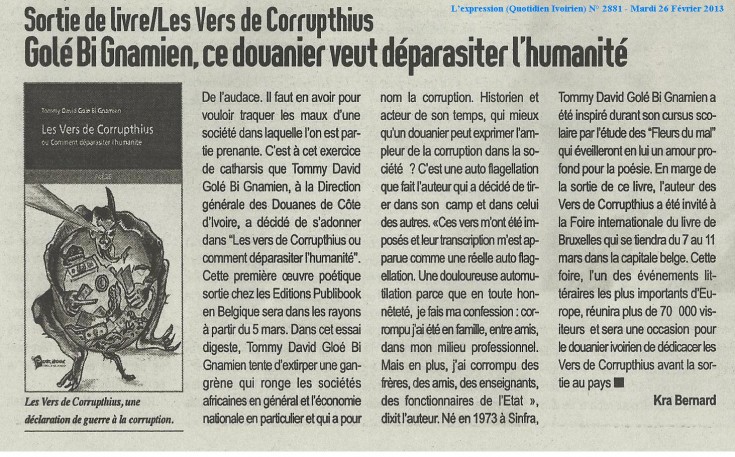 Crónica de la aprición del libro en la edición del 26 de febrero de 2013 del diario marfileño L'Expression. Fuente: Editorial Publibook