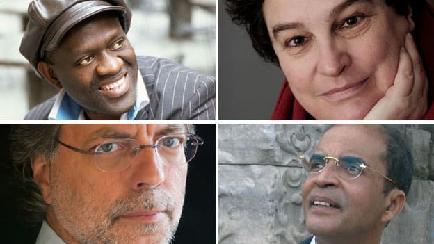 Arriba a la izquierda, Alain Mabanckou; a la derecha, Marlene van Niekerk; abajo a la izquierda, Mia Couto; y a la derecha, completando el cuarteto africano, el libio Ibrahim al-Koni.