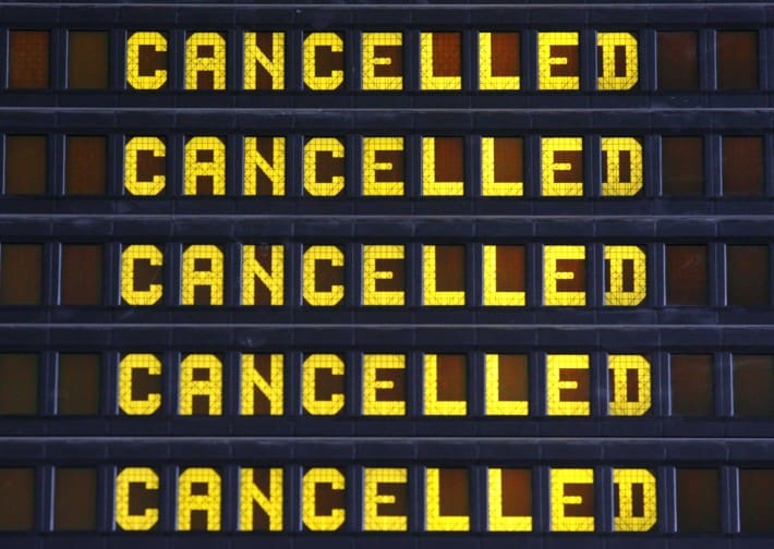 File Pics Ryanair should have fully compensated a passenger whose flight was cancelled because of the volcanic ash cloud in 2010, the EU's top court has said.17/5/2010 Flight delays at Dublin Airport. The departure sign that greeted passengers today as the volcanic ash restricted flights today (17/5/2010) at Dublin Airport. Dublin Airport remained closed until at least midday due to the volcanic ash cloud, while Donegal airport was also closed. The Irish Aviation Authority has said the outlook for the coming days is positive and the IAA does not anticipate any further restrictions relating to volcanic ash at Irish airports for at least the next 48 hours. Photo. Mark Stedman/Photocall Ireland