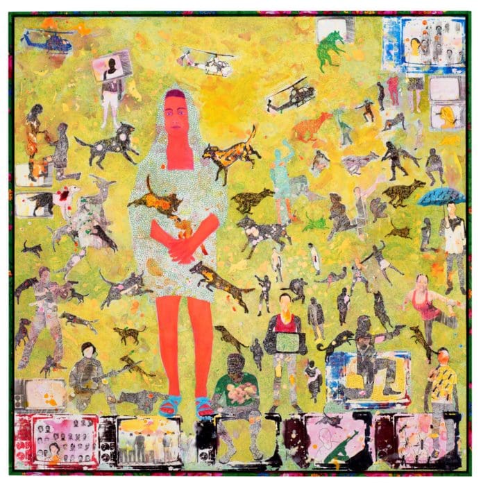 Slimen El Kamel – ‘Wolves’ (2016) Screen print and acrylic on canvas 150x150cm (Sulger Buel-Lovell)